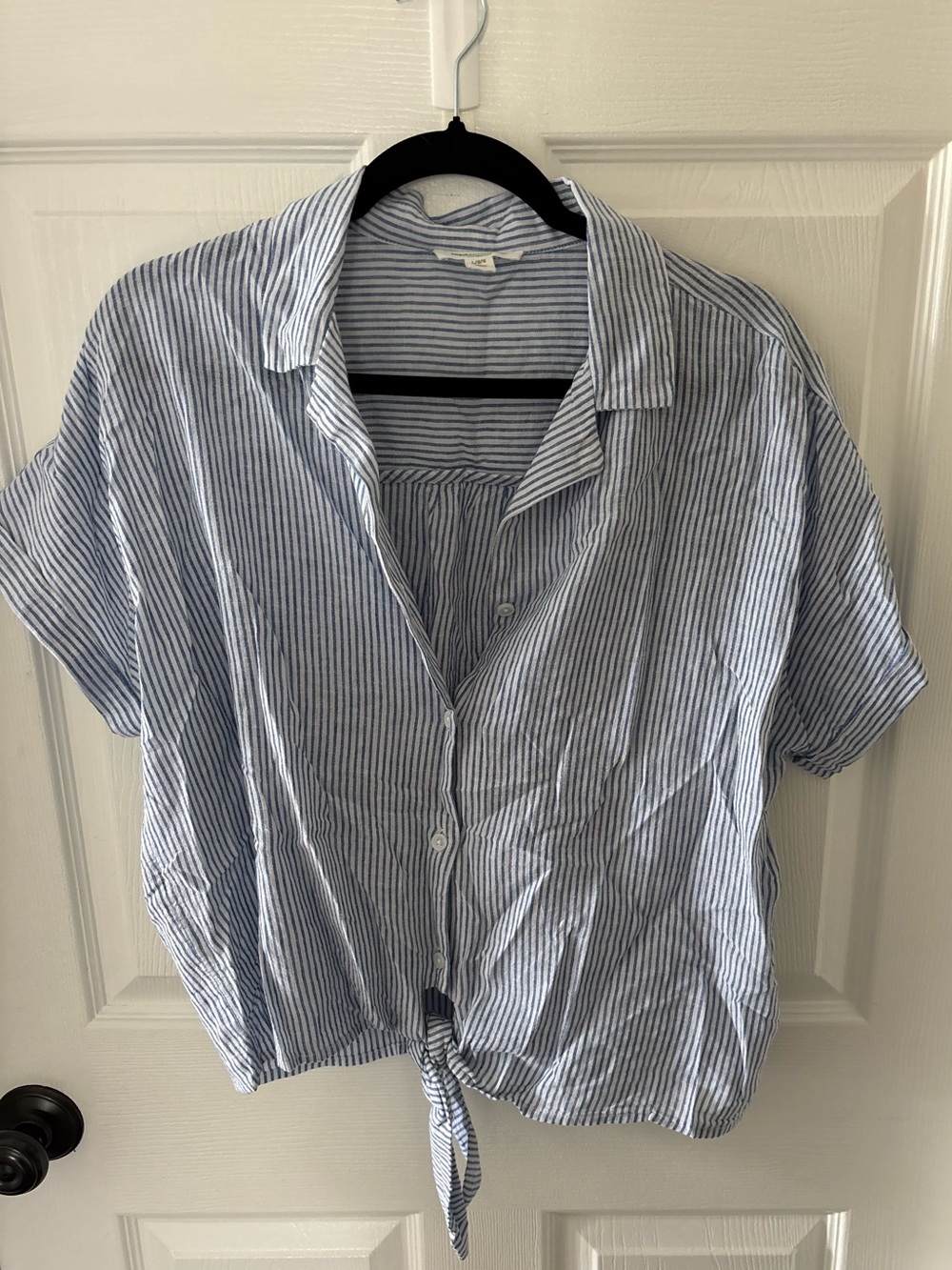 beachlunchlounge Blue and White Striped Tie-Front Shirt
